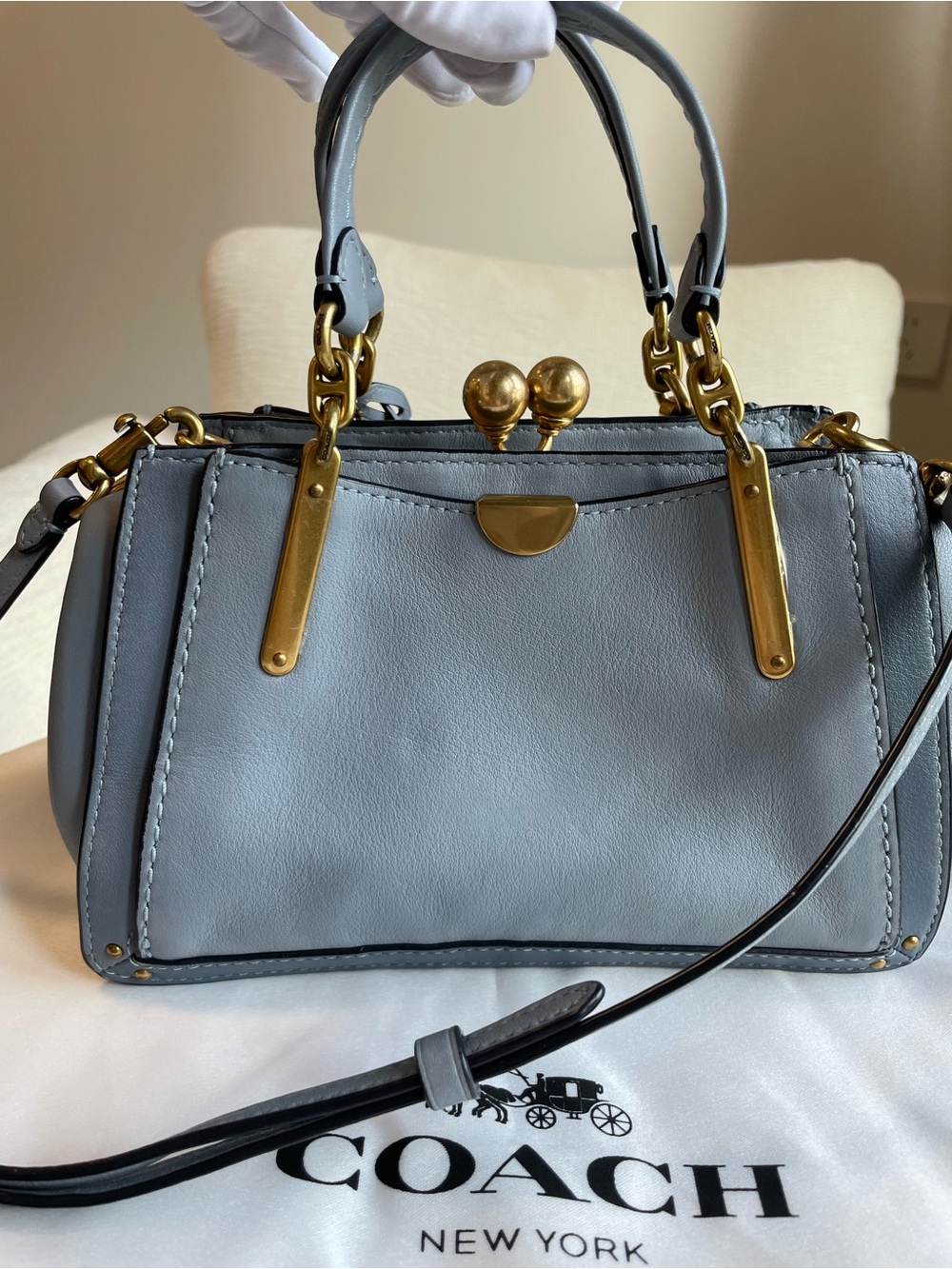 Coach Kisslock Dreamer 21 Blue Leather Satchel with Gold Hardware with Card